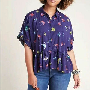 Anthropologie Maeve Butterfly Peplum Top Short Sleeve Ruffle Blue Summer Boho XS
